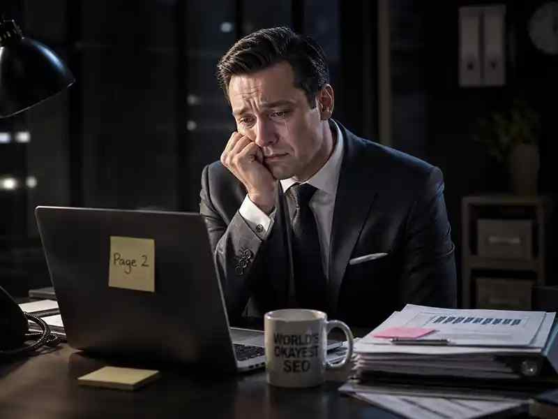 Corporate person staring devastated at laptop, ideally with too much dramatic lighting