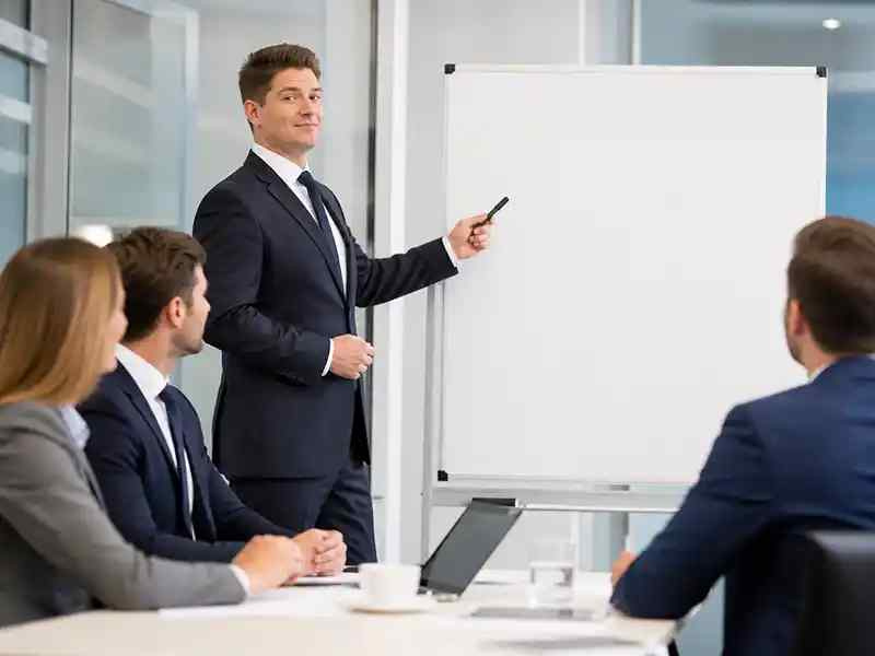 A very serious consultant pointing at a blank whiteboard