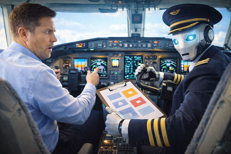 Cheesy corporate stock photo in a small airplane cockpit: a marketer in business casual is trying to look calm while a humanoid AI co-pilot in a pilot uniform aggressively grabs the steering yoke. The marketer is holding a checklist clipboard titled with blank shapes. Overlit, hyper-saturated, staged, slightly uncanny AI faces and hands, wide banner composition with negative space, no logos, no text, no watermarks