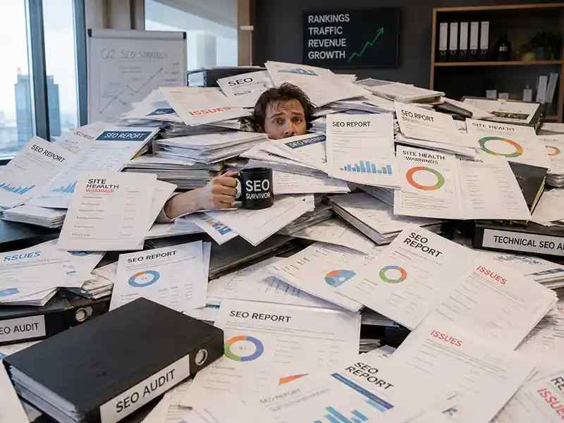 Founder buried under colour-coded SEO reports, only one hand visible holding a coffee