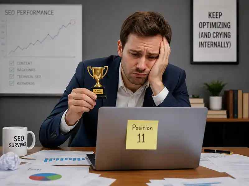 Consultant staring at a laptop with a sticky note saying “Position 11” while holding a tiny participation trophy