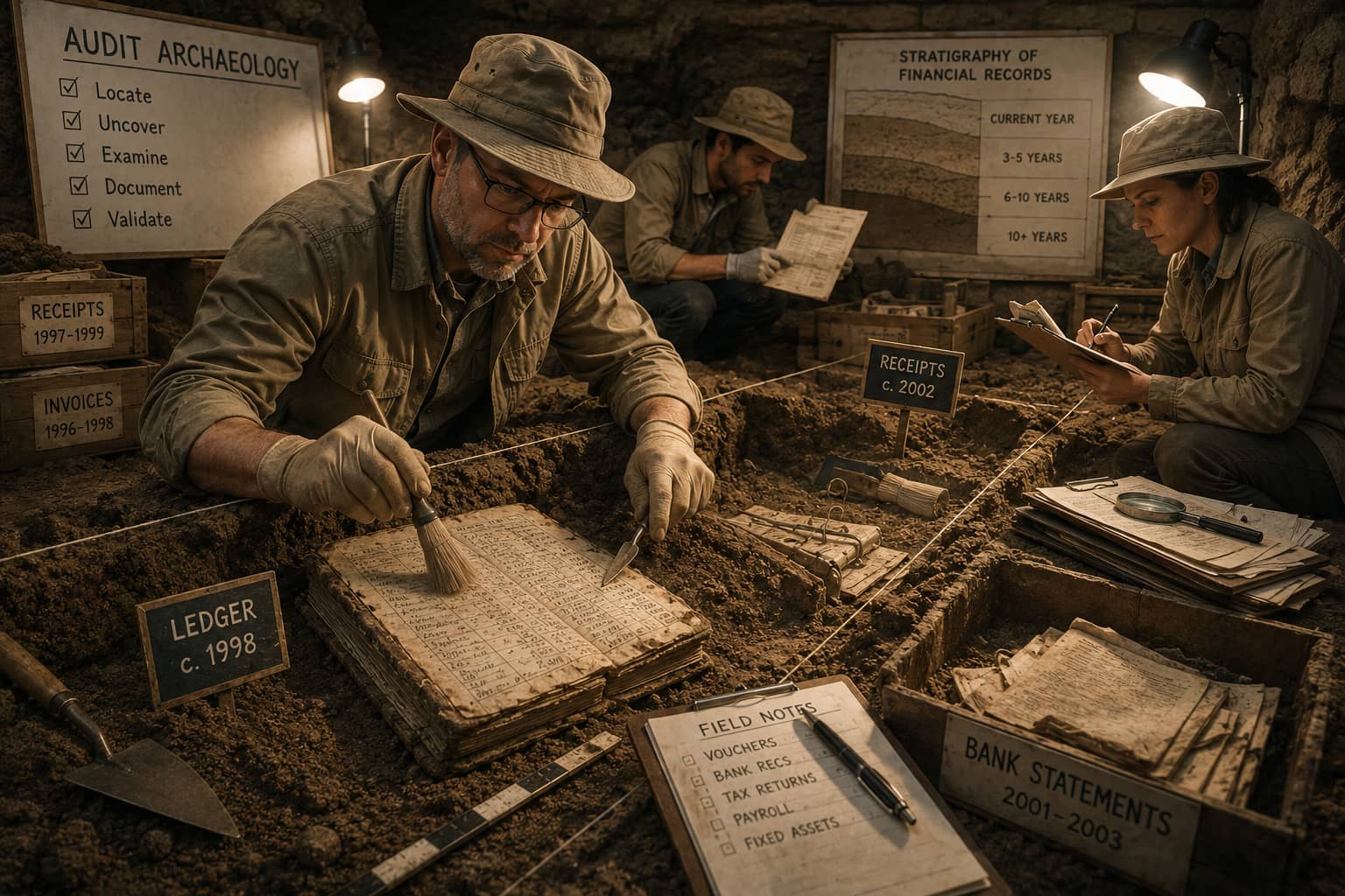 Archaeologists brushing dirt off old ledgers, receipts and bank statements at an excavation site labelled audit archaeology