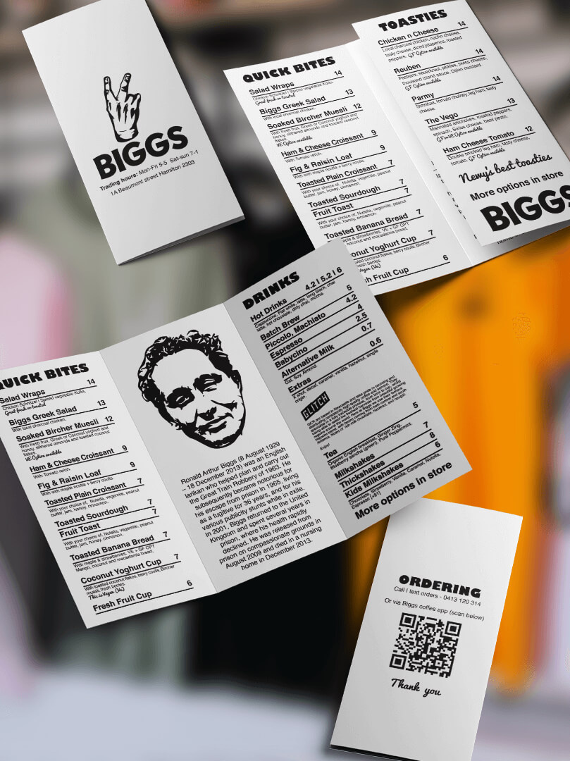 Biggs menu pamphlet design