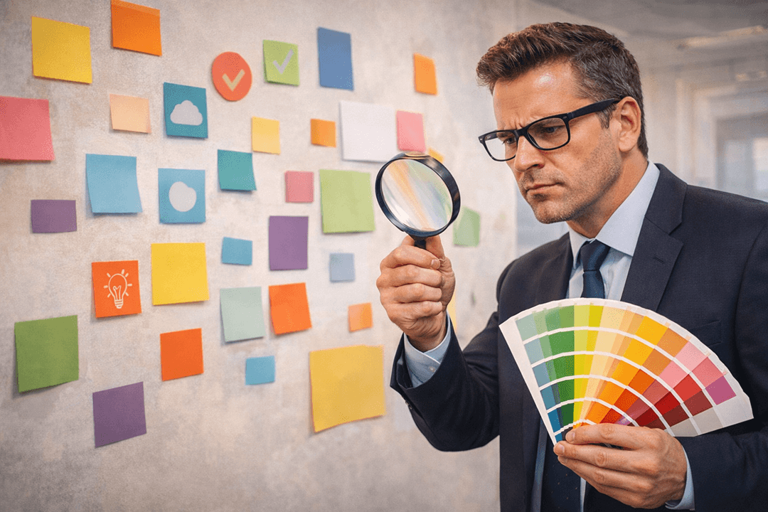 Corporate stock photo: serious brand consistency officer in a suit inspecting mismatched sticky notes on a wall with colour swatches and abstract shapes. Overlit, mildly absurd, wide banner.