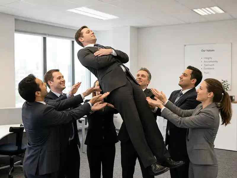 Business person literally falling backwards into the arms of other office people