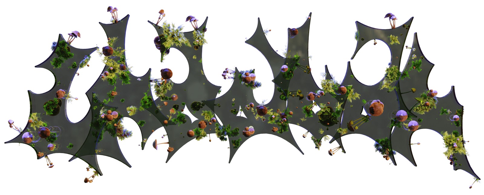 Plexiglass Chadban logo with moss and mushrooms growing on it