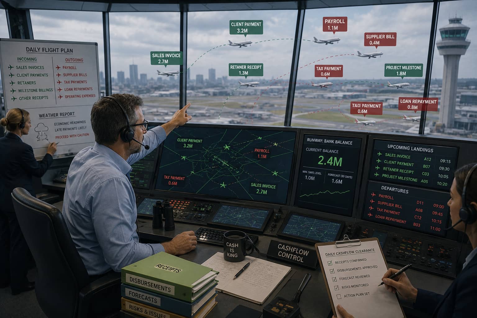 Air traffic controllers in a control tower directing planes labelled as sales invoices, payroll and tax payments across a cashflow radar screen