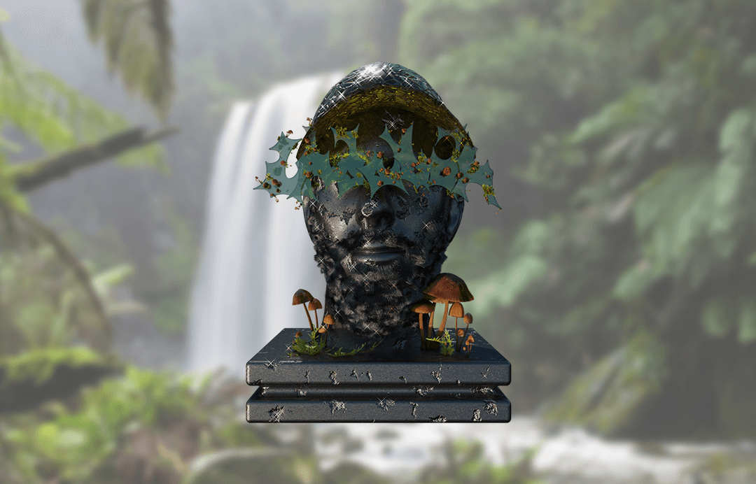 A metal bust statue of Mitch Chadban