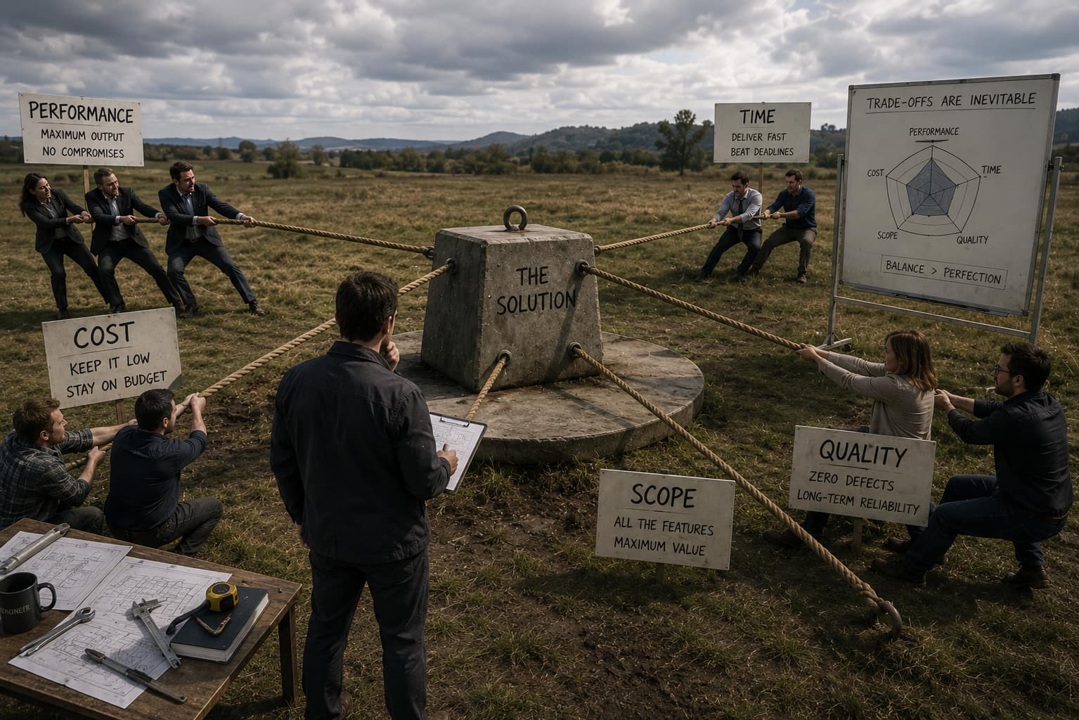 Business teams in suits play tug-of-war over a concrete block marked “The Solution”, with staked signs for cost, time, scope, quality and performance
