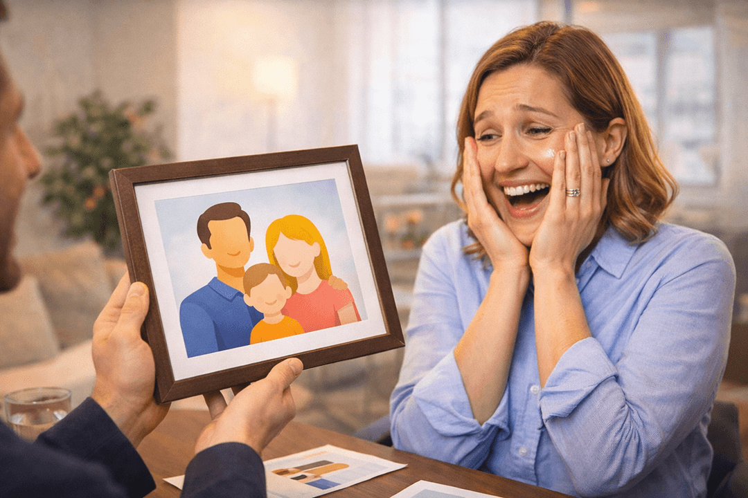 Family portrait mission control — Cheesy stock photo of a person in a command center setup with multiple monitors showing blurred portrait thumbnails (no readable text), holding a printed custom portrait draft. They look extremely focused like launching a rocket. Overlit, staged, slightly uncanny AI vibe, wide banner crop, no logos.
