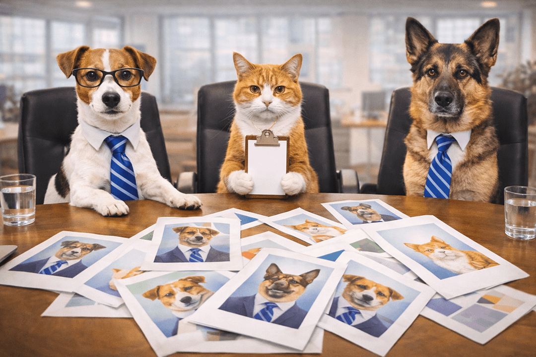 Awkward stock photo of three pets (dog/cat mix) sitting like a serious board meeting around a table, with printed portrait drafts scattered around (blank borders, no text). One pet has a tiny clipboard (no writing). Overly serious vibe, bright studio lighting, slightly uncanny AI, wide banner, no logos.
