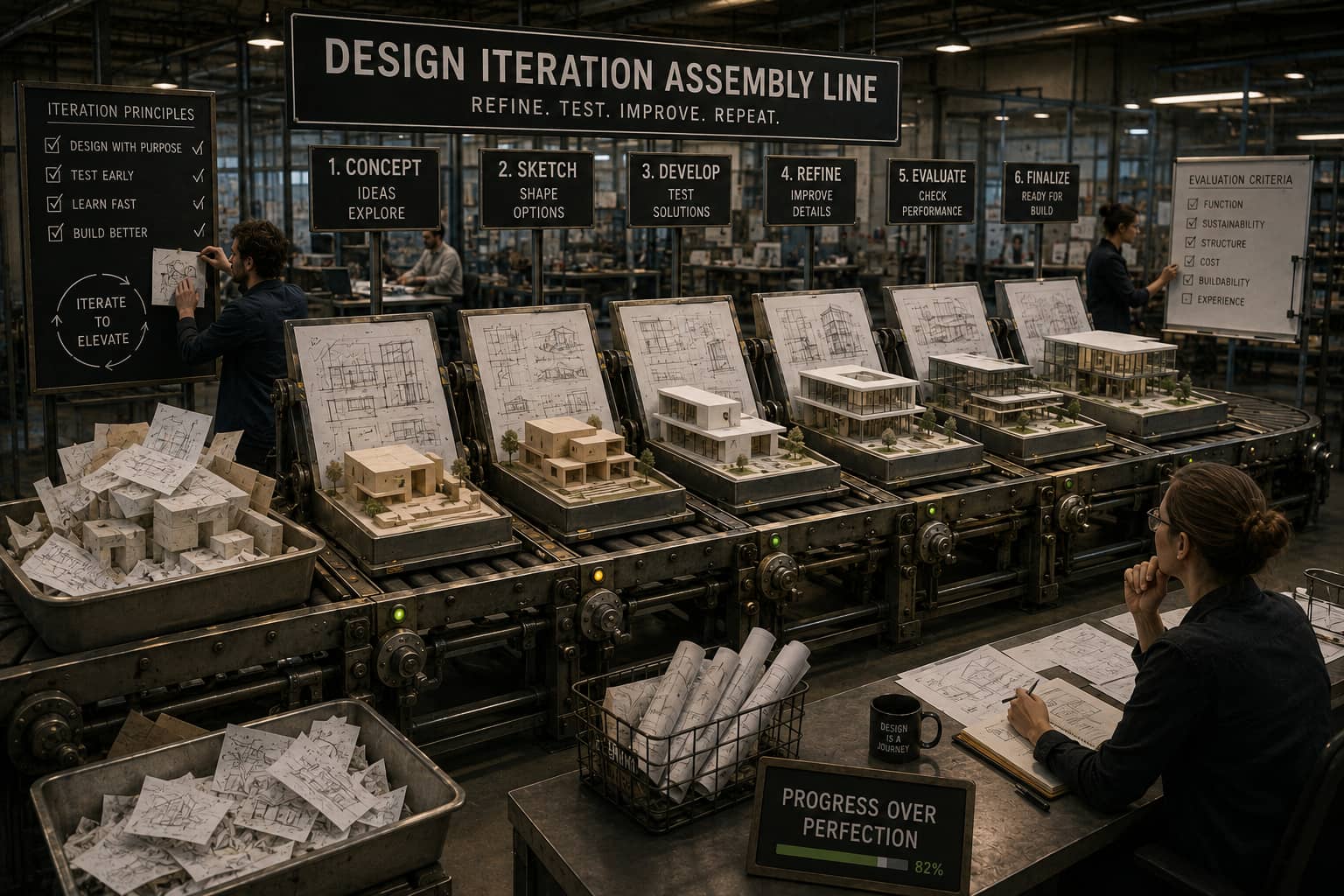 A factory assembly line moving architectural models through numbered stages from concept to finalise, with staff refining each design along the conveyor