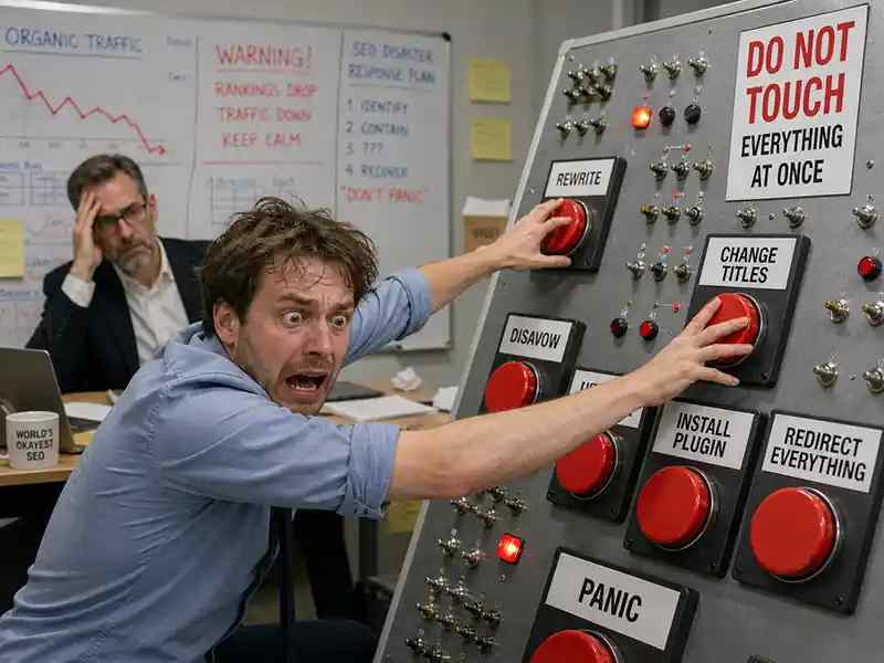 Panicked founder pressing 12 giant red buttons labelled “Rewrite”, “Disavow”, “Change Titles”, “Install Plugin”, “Delete Blog”