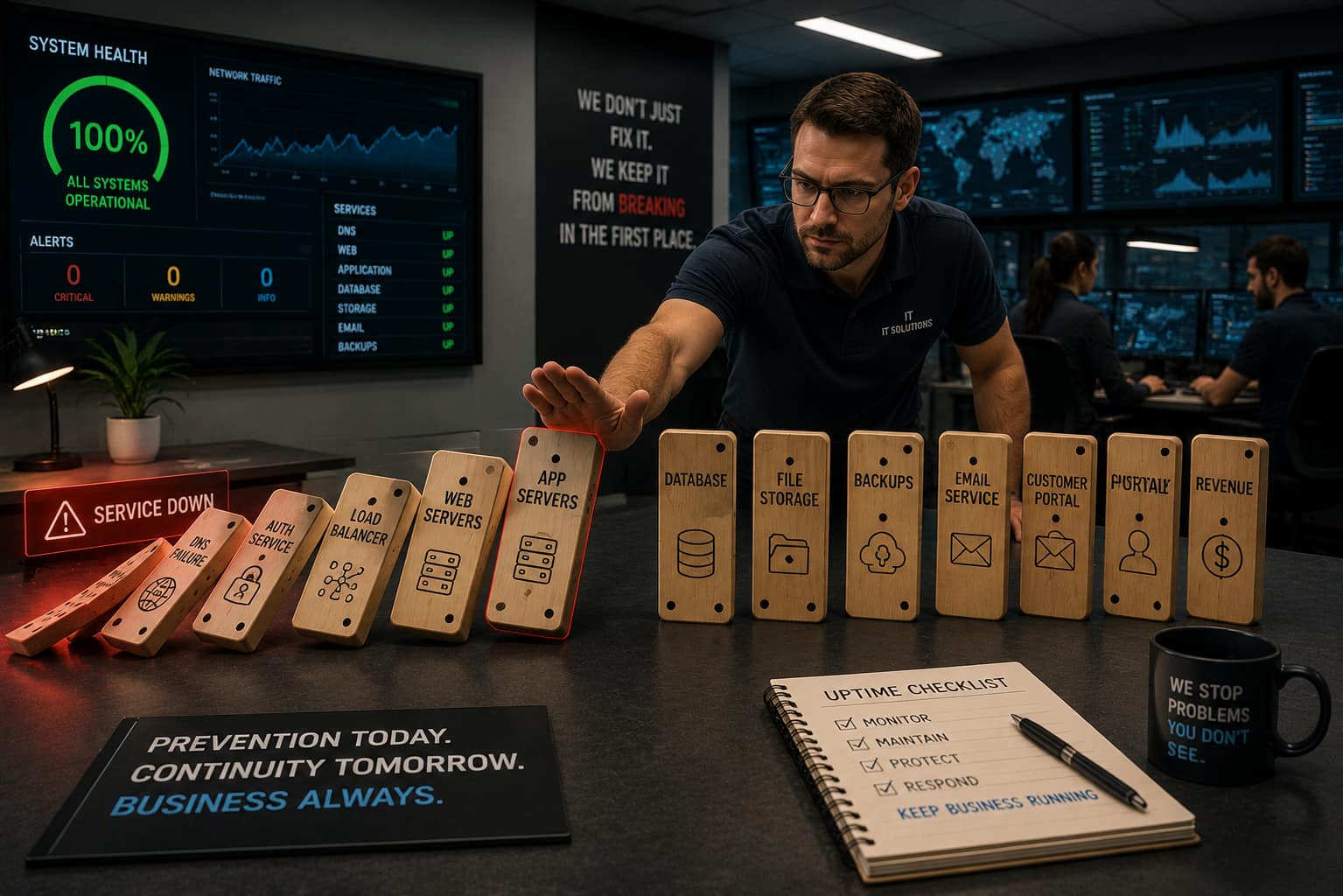 An IT professional halting a row of falling dominoes labelled with core systems before they can topple database, backups and revenue