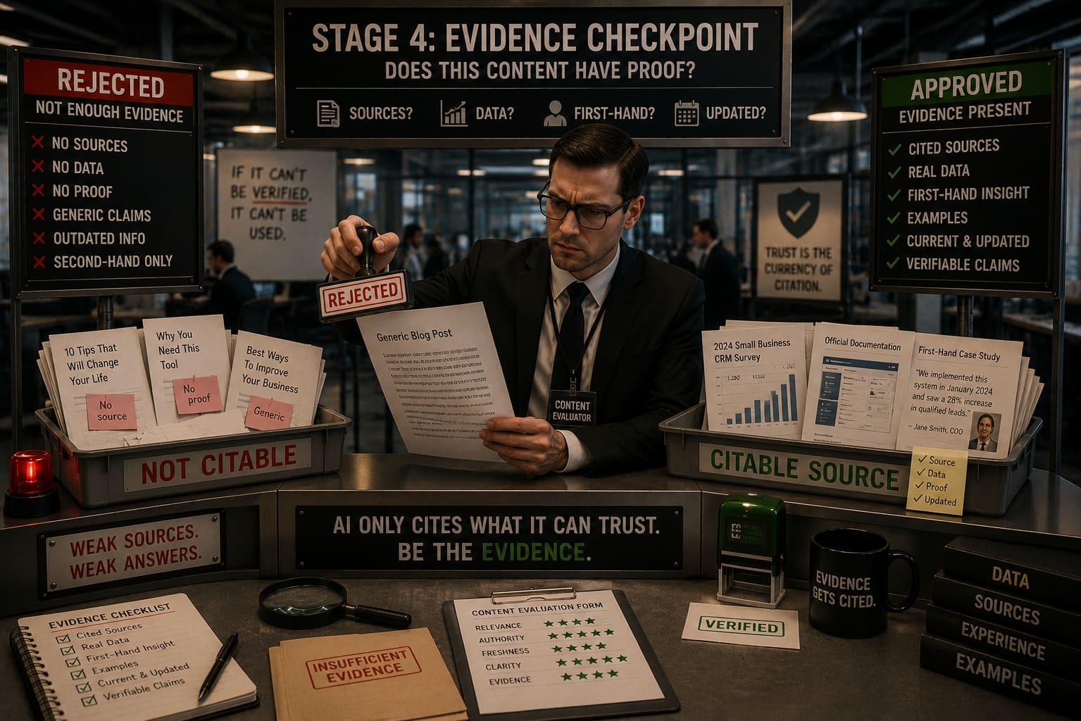 A content evaluator stamping a generic post as rejected while evidence-backed sources with data and quotes move to the citable tray