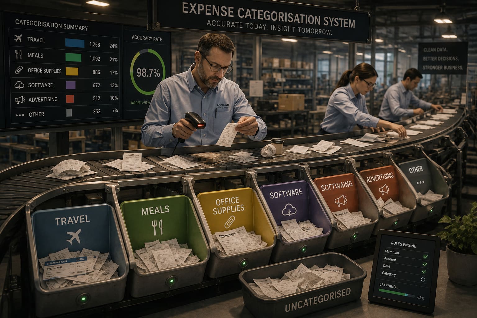Workers scanning receipts on a conveyor belt that sorts them into labelled bins for travel, meals, office supplies and software