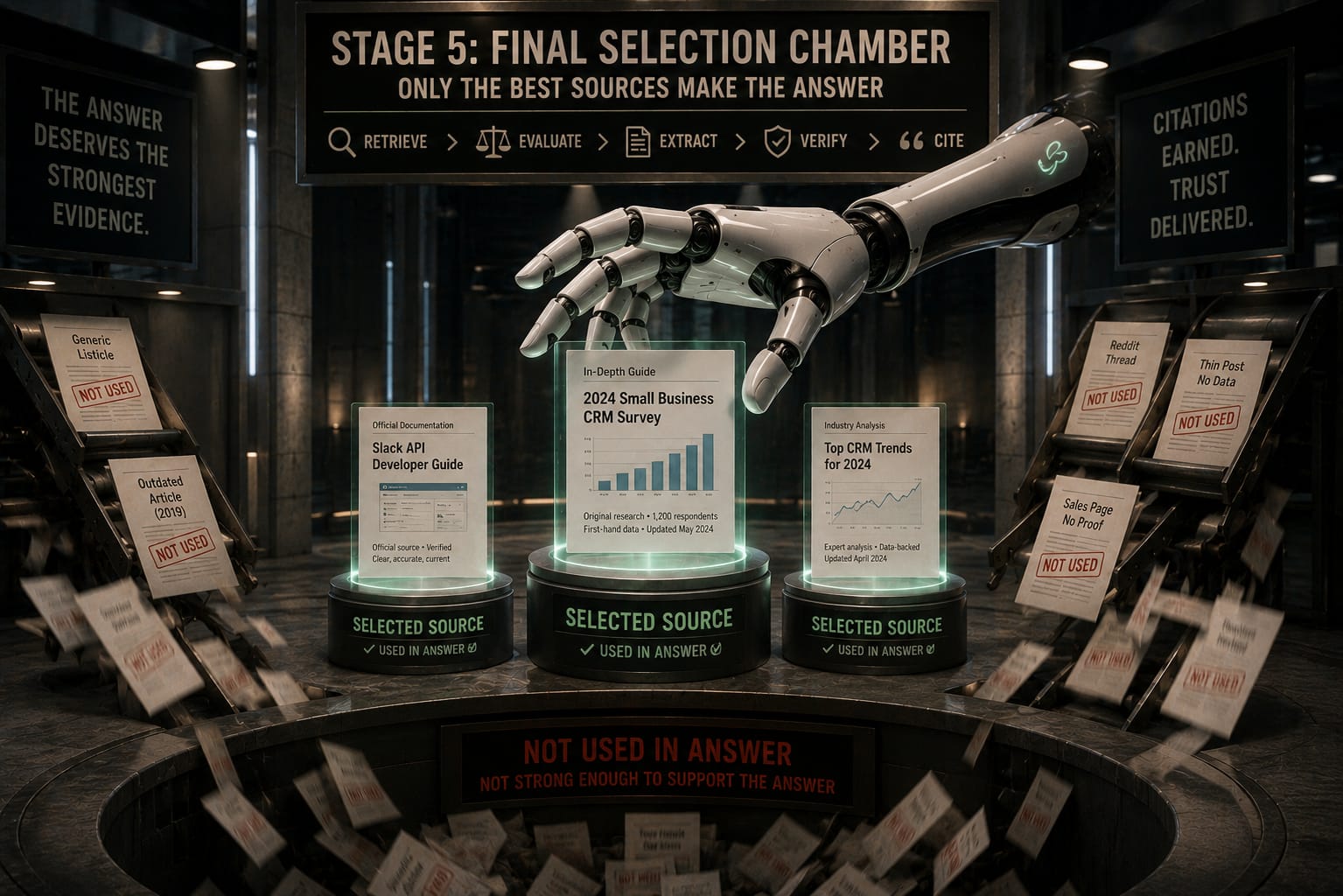 A robotic hand selecting three well-evidenced sources on lit pedestals while weaker articles tumble into a discard pit below