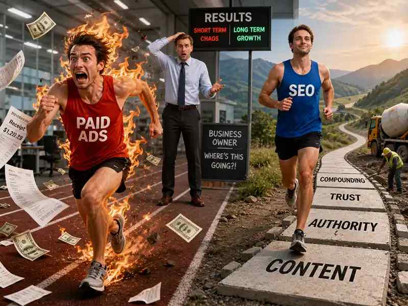 Google Ads runner sprinting with cash on fire while SEO runner slowly builds a road behind them