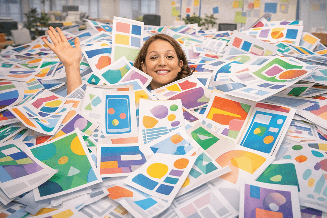 Foto corporativa incómoda de una persona ahogándose en una avalancha de flyers, folletos, carteles y mockups de redes sociales desparramados por todas partes. Sonríe como si todo estuviera bien. Todo está en blanco o solo tiene formas abstractas, sin texto legible. Iluminación brillante, escenificada, con ese punto raro de IA, recorte en banner horizontal, sin logos.