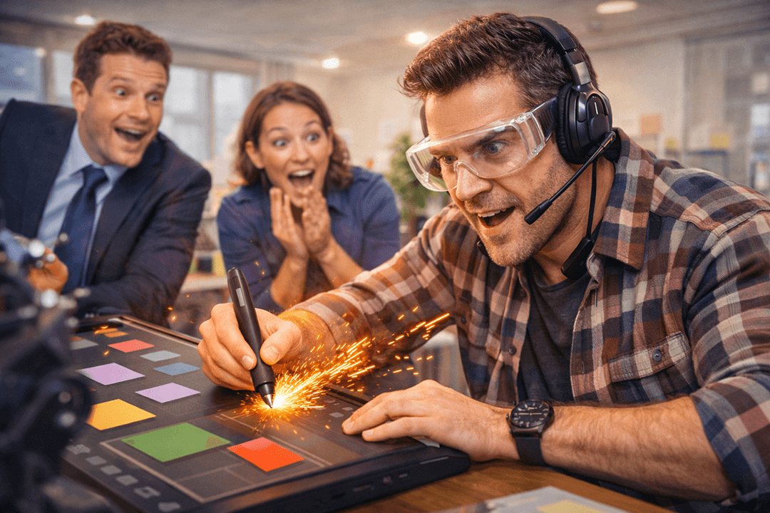 Foto de stock intencionadamente cutre de un diseñador gráfico con gafas de seguridad y auriculares, arrastrando formas con intensidad sobre una tableta gigante mientras saltan chispas falsas de la punta del stylus. Sus compañeros miran impresionados. Oficina exageradamente iluminada, escenificada, hiper saturada, con un punto extraño de IA, formato banner, sin texto, sin logos.