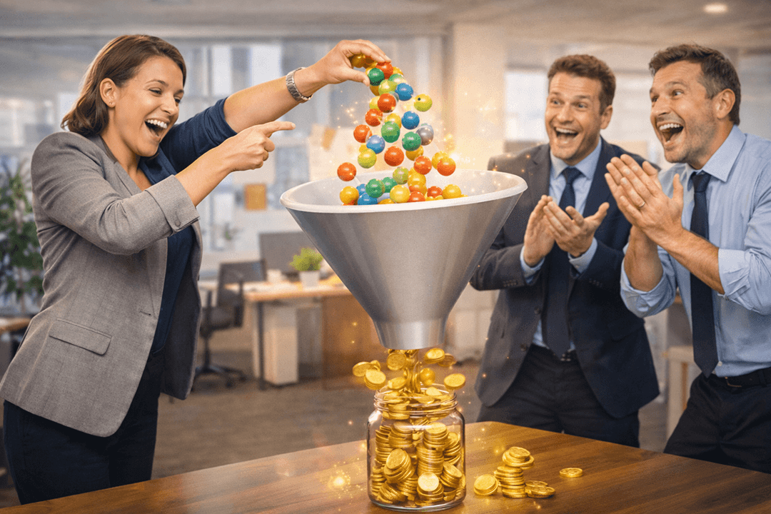 Foto de stock intencionadamente cutre de una persona de marketing vertiendo canicas de colores en un embudo gigante literal sobre una mesa, mientras por abajo salen monedas doradas brillantes a un tarro. Todo el mundo parece demasiado impresionado, sonrisas exageradas, oficina startup escenificada, hiper saturada, muy iluminada, con un aire ligeramente inquietante de IA, composición en formato banner, sin texto, sin logos.