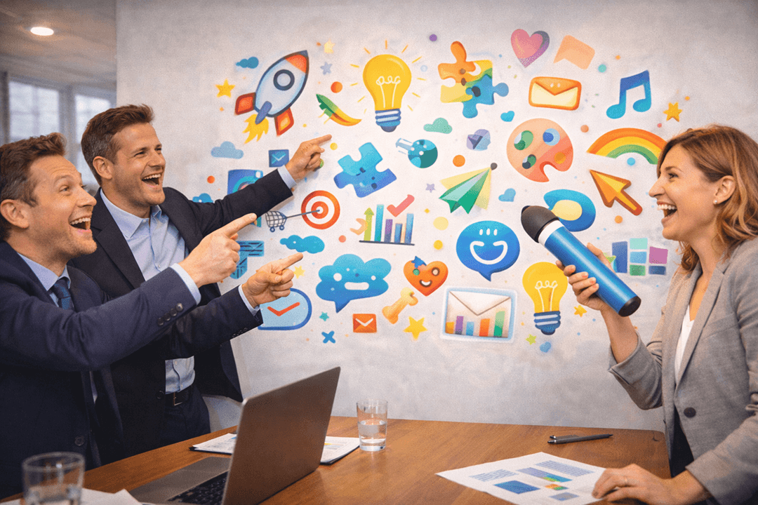Overly staged corporate meeting where executives in suits point at a wall of whimsical cartoon doodles and icons like it
