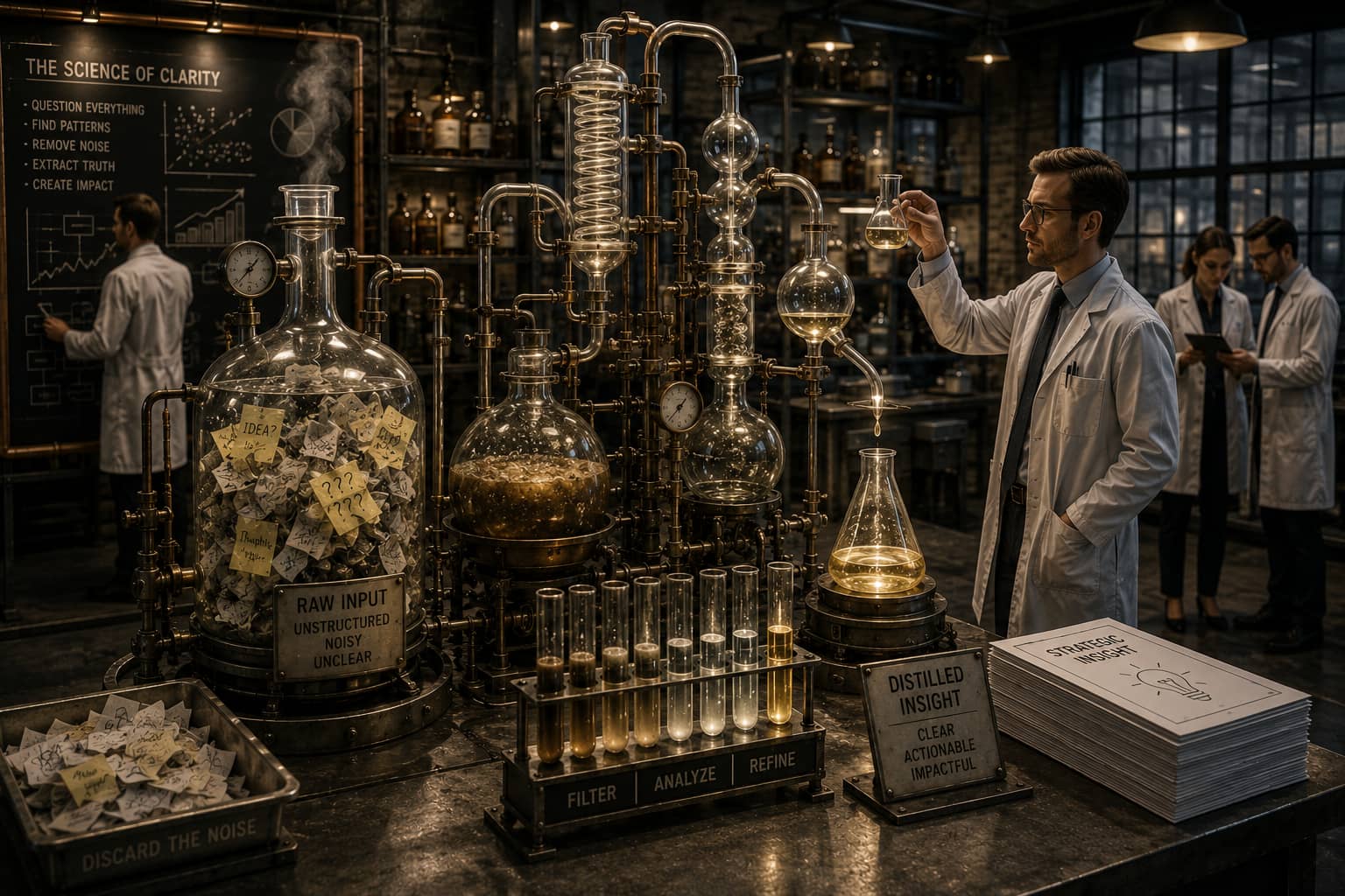 A scientist distils jars of messy sticky-note raw input through glass apparatus into a flask of distilled insight, beneath a chalkboard titled “The Science of Clarity”