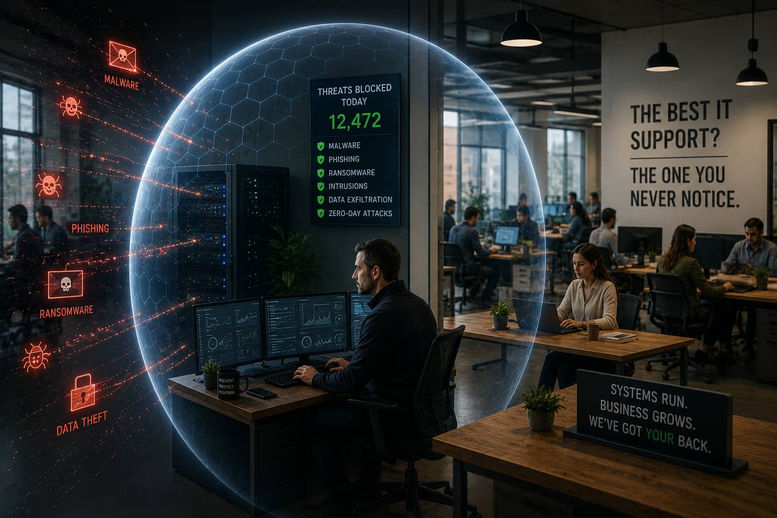 A glowing protective dome around a worker and servers deflecting incoming threats labelled malware, phishing, ransomware and data theft