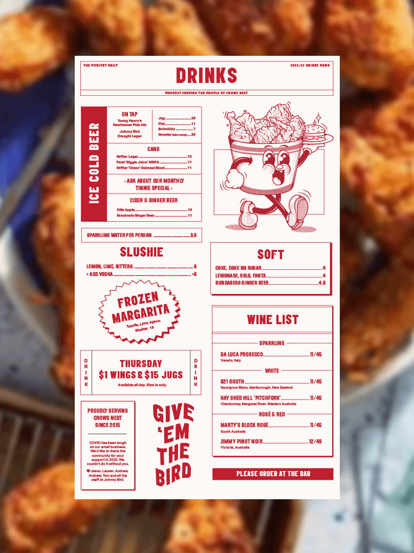 Johnny Bird character illustration and menu design artwork 6