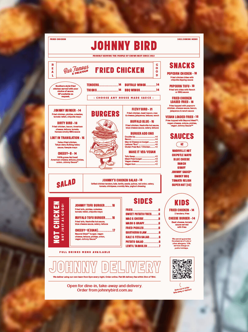 Johnny Bird character illustration and menu design artwork 7