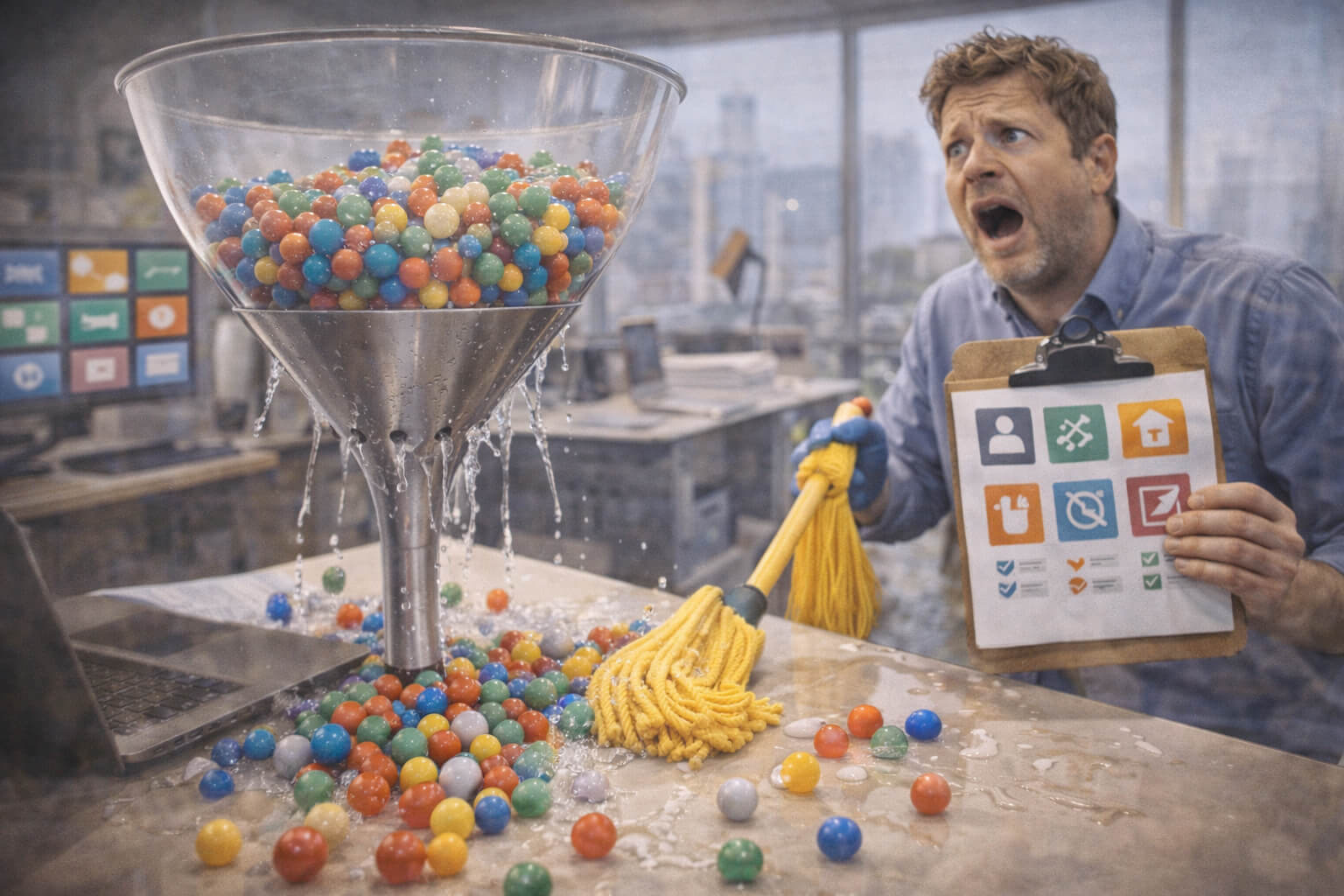Illustration of a leaky B2B SaaS funnel losing demo requests