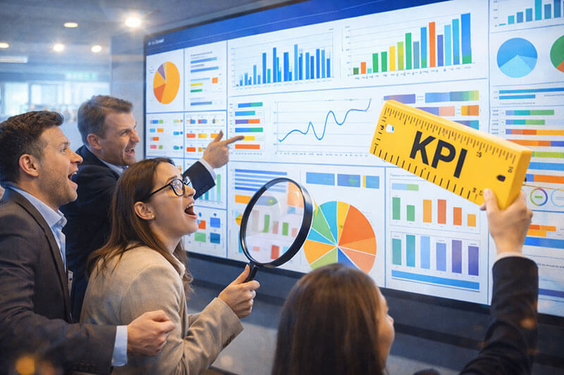 Overly staged boardroom stock photo: executives point excitedly at a giant wall dashboard filled with colourful charts and graphs that are clearly nonsense (no readable numbers or words, just shapes). One person holds a giant magnifying glass and another holds a comically oversized KPI ruler. Everyone looks way too impressed. Bright lighting, hyper-saturated, slightly uncanny faces, wide banner crop, no logos, no text, no watermarks