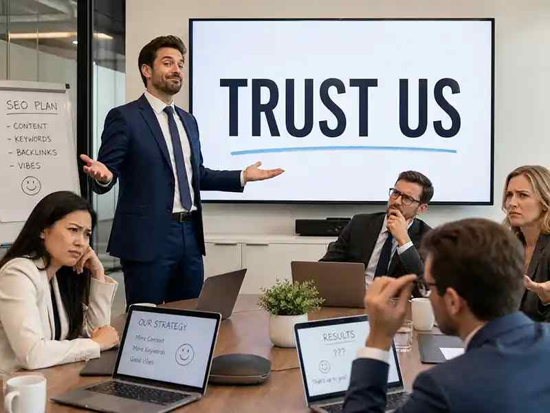 Consultant presenting a slide that simply says “Trust Us” with no data, examples, or screenshots