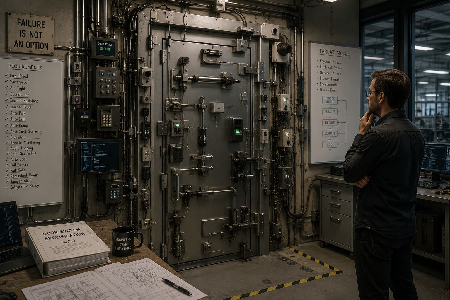 An engineer studies an over-built vault door bristling with locks and sensors beside a whiteboard listing dozens of requirements
