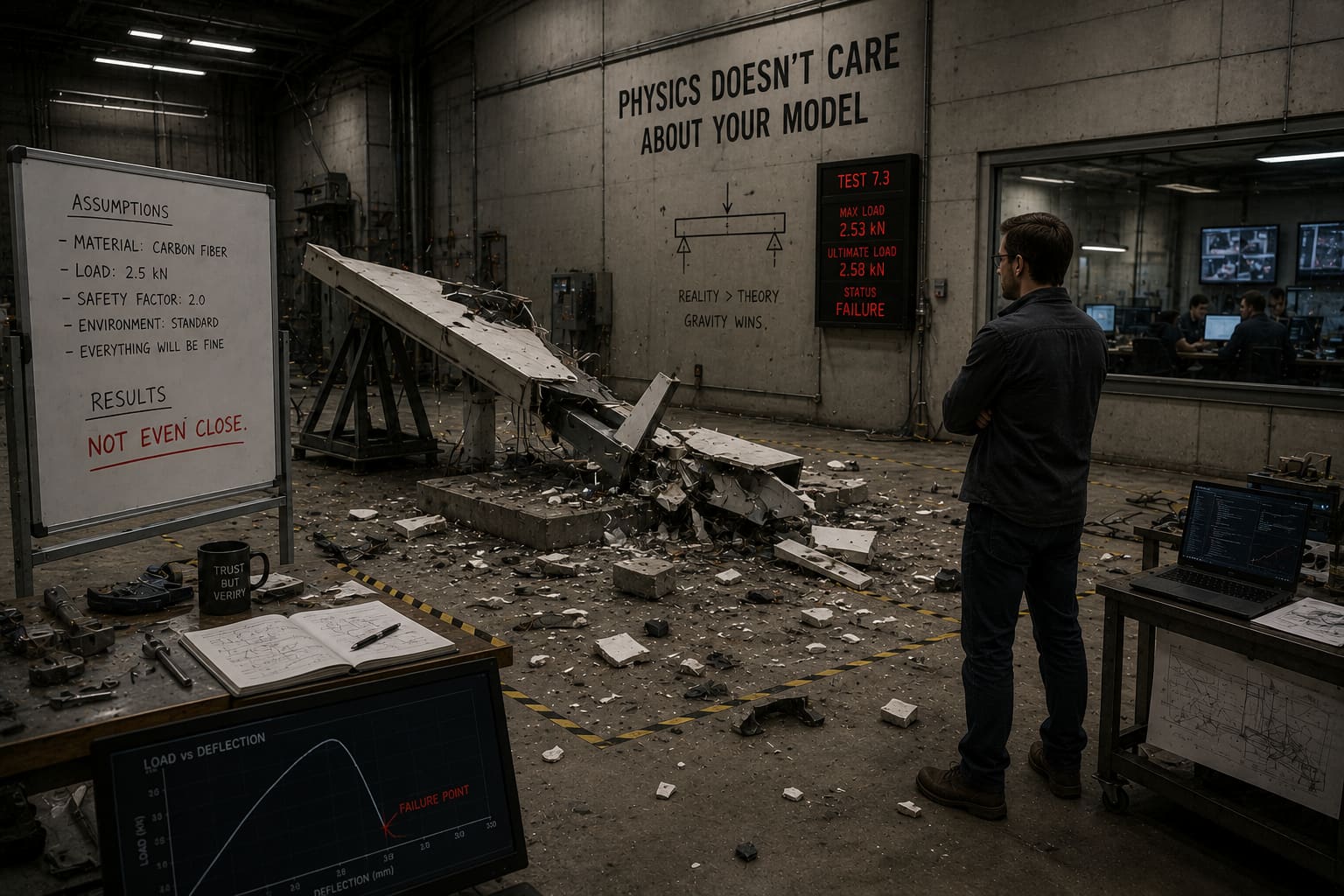 An engineer studies a snapped carbon-fibre test beam in a lab, beneath a wall stencilled “Physics doesn’t care about your model”