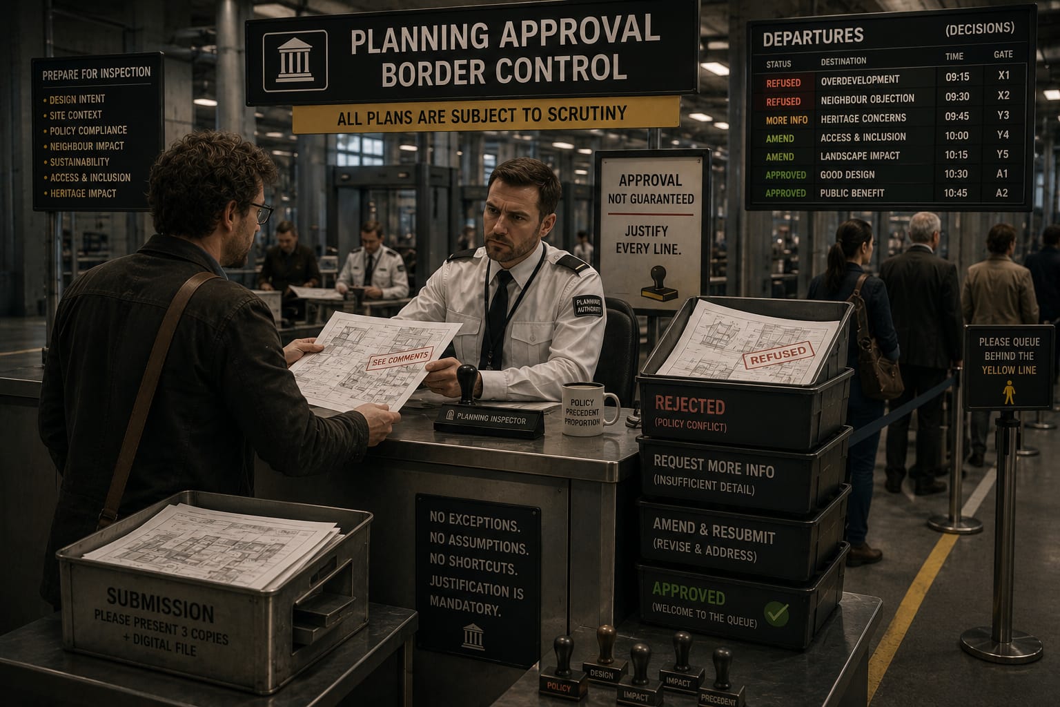 An architect hands plans across a Planning Approval Border Control desk while an inspector stamps drawings and a departures board lists approved and refused decisions