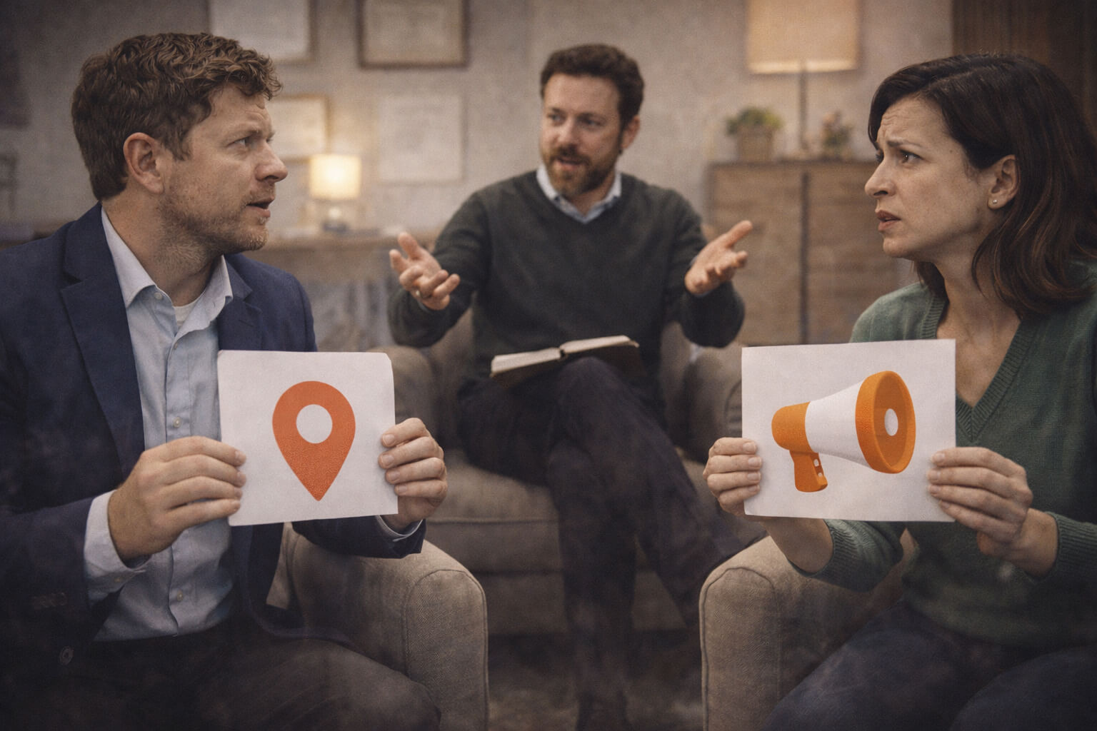 Cursed stock photo explaining positioning vs messaging