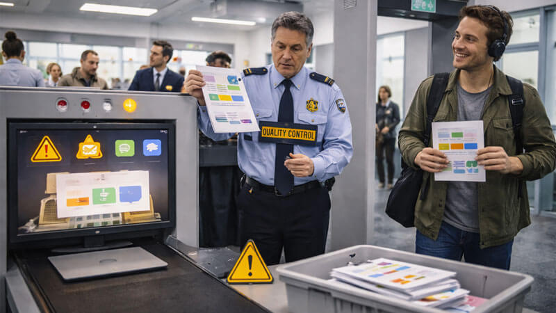 Un responsable de QA de agencia escanea un entregable a través de una máquina de rayos X y detecta problemas (solo iconos) mientras un freelance intenta pasar llevando un único activo pulido.