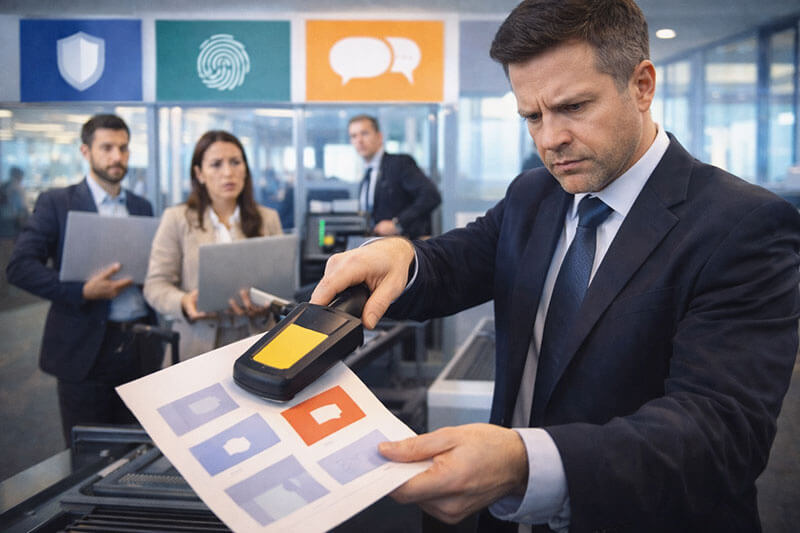Awkward stock photo of a serious security checkpoint in a modern office: a stern 