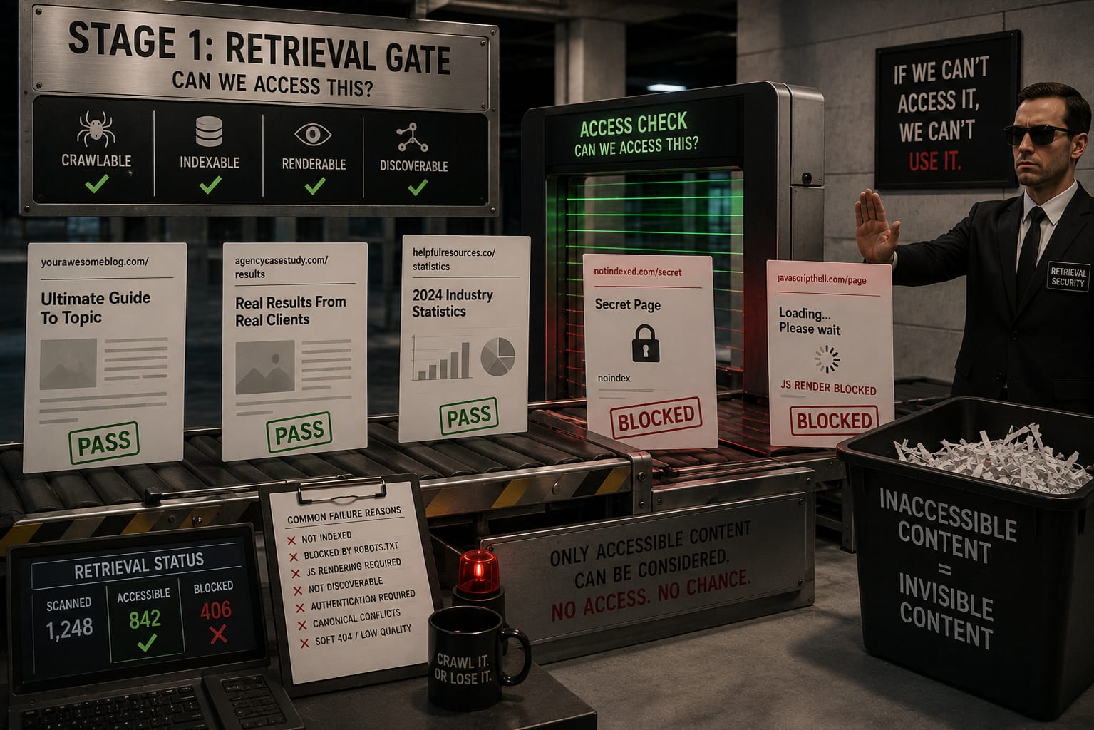 An airport-style security checkpoint waving through crawlable, indexable pages and blocking inaccessible ones from consideration