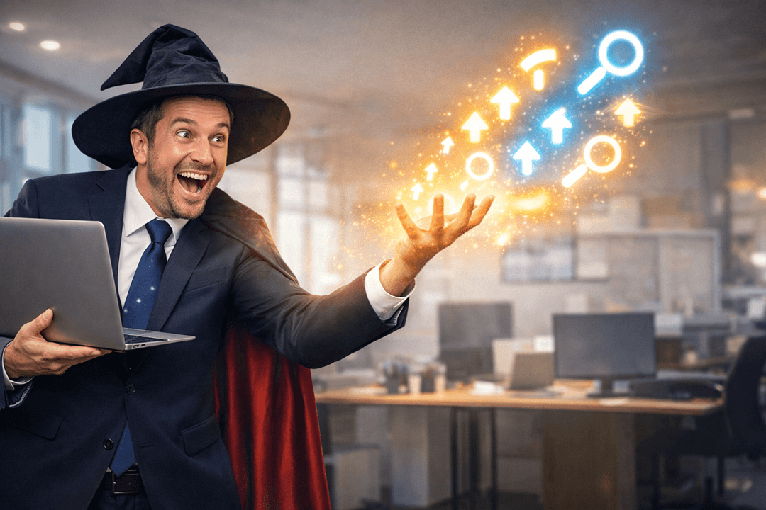 Foto de stock corporativa intencionadamente cutre de un marketer con traje fingiendo ser un mago, sosteniendo un portátil como si fuera un libro de hechizos, con una pose dramática
