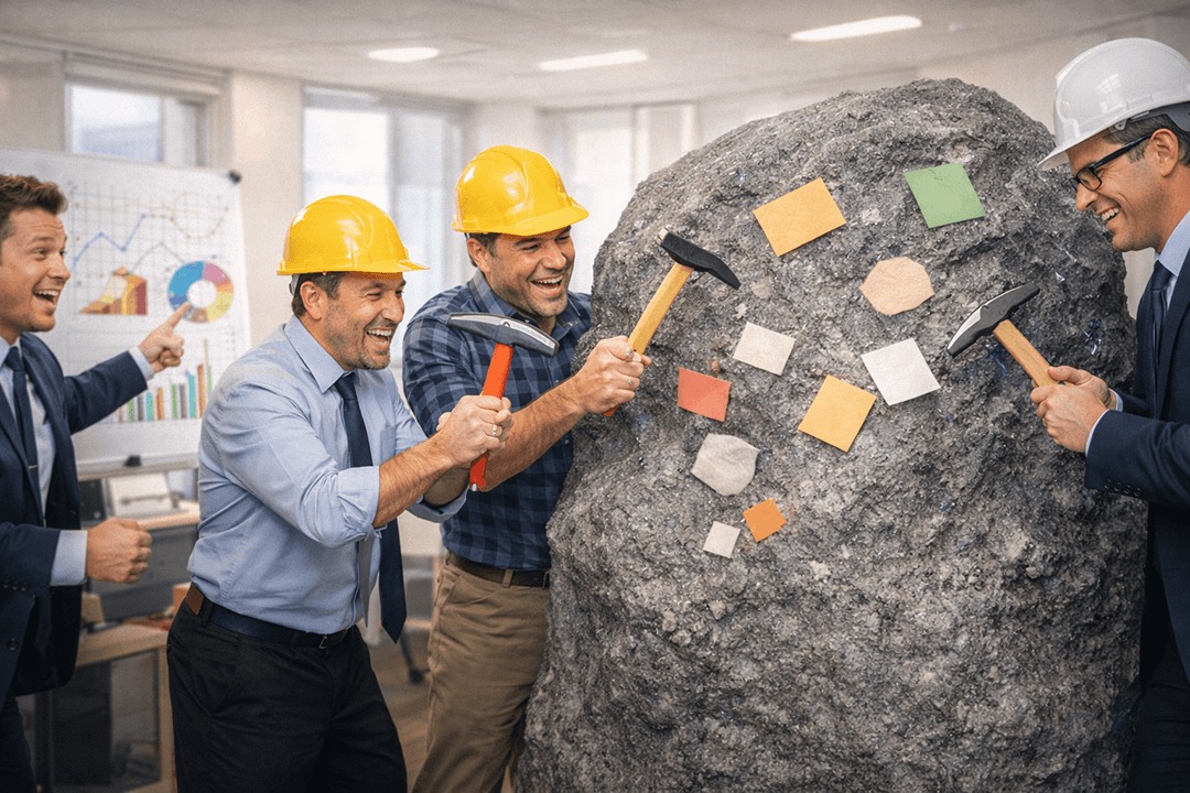 Intentionally awkward stock photo of office workers wearing construction helmets in a modern office, using toy pickaxes to 