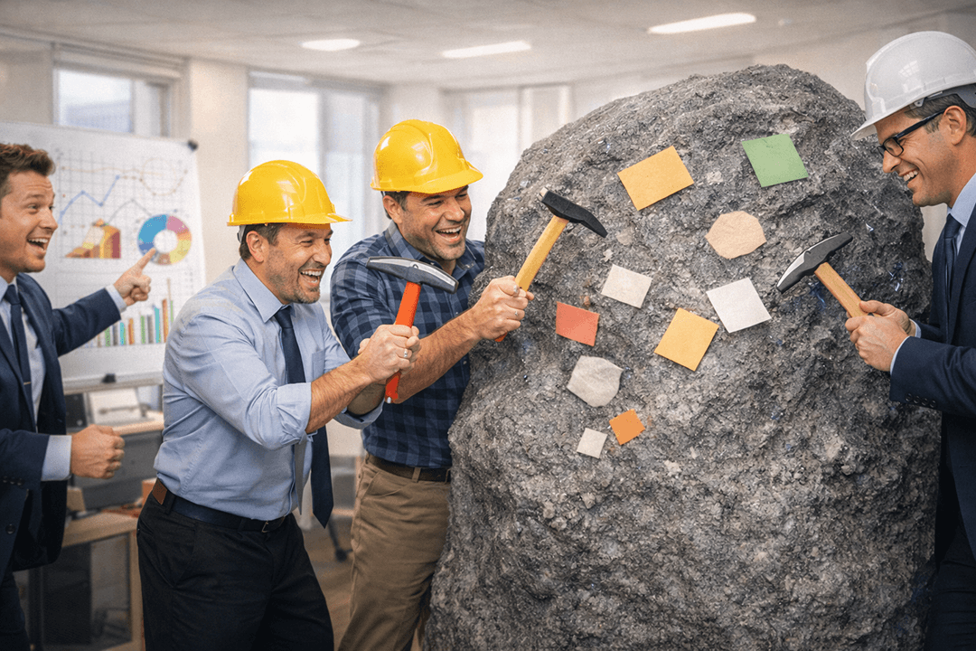 Foto de stock intencionadamente incómoda de trabajadores de oficina con cascos de obra en una oficina moderna, usando picos de juguete para “minar” keywords