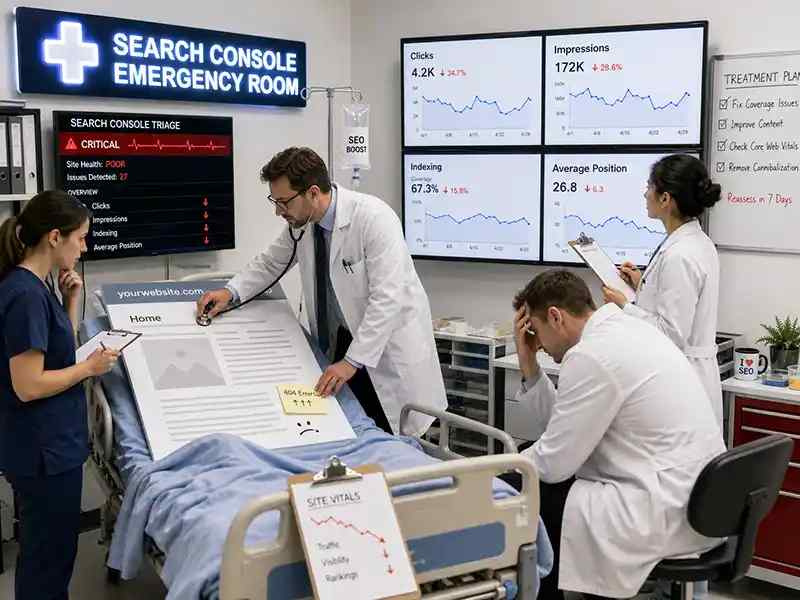 Website lying in a hospital bed while doctors check “Clicks”, “Impressions”, “Indexing”, and “Average Position” monitors