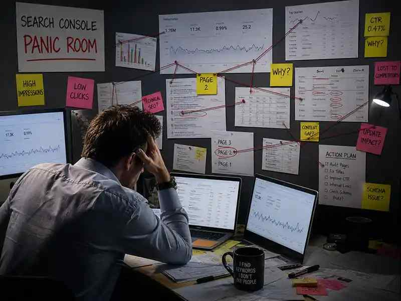 Person in a dark office surrounded by Search Console charts, red string, and notes like “high impressions / no clicks”