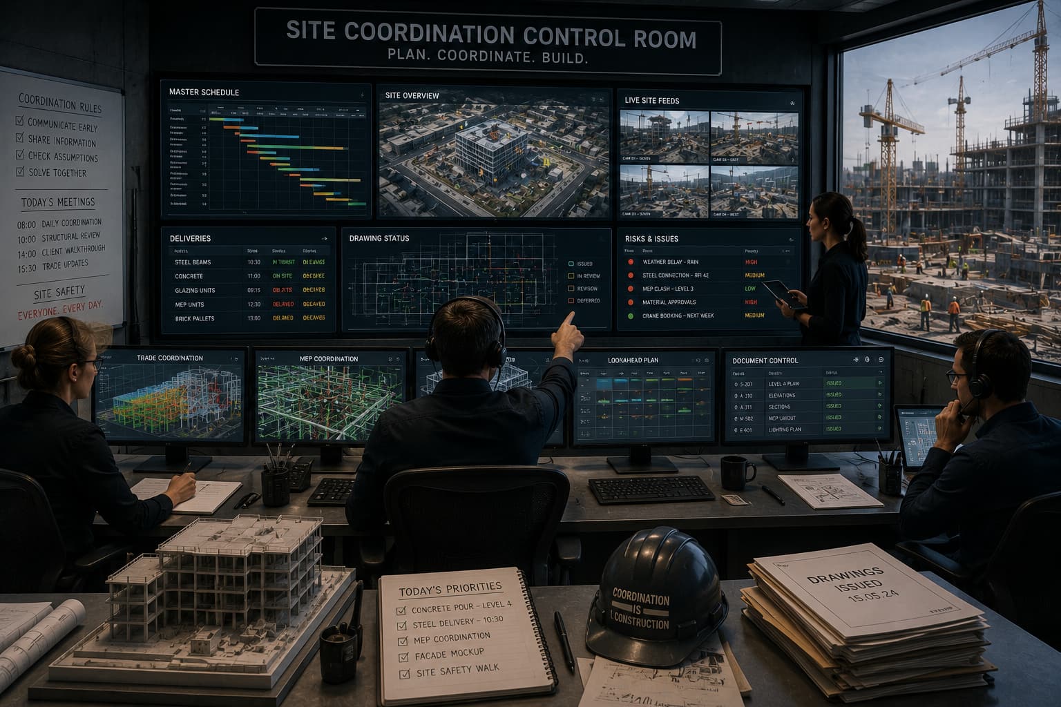 A construction control room where a team in headsets monitors master schedules, live site feeds and risk dashboards on a wall of screens