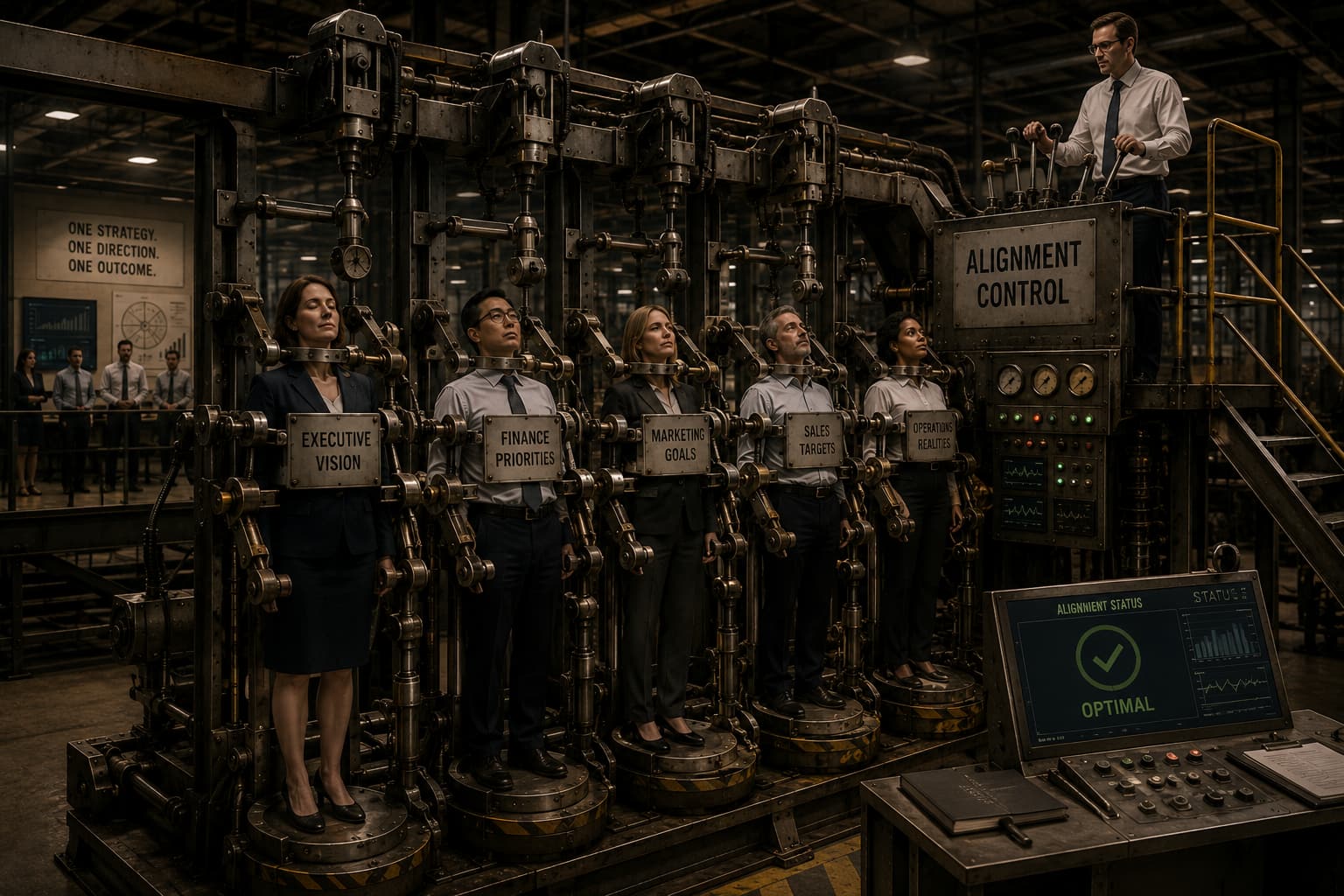 Five executives labelled with different business functions clamped into an industrial “Alignment Control” machine reading “One strategy, one direction, one outcome”, its status dial set to optimal