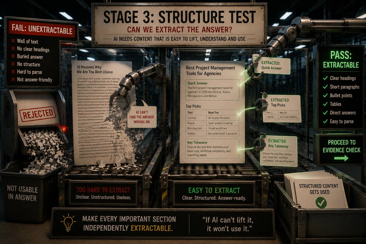 A robotic arm cleanly lifting answers from a well-structured page while an unstructured wall of text shreds and is rejected