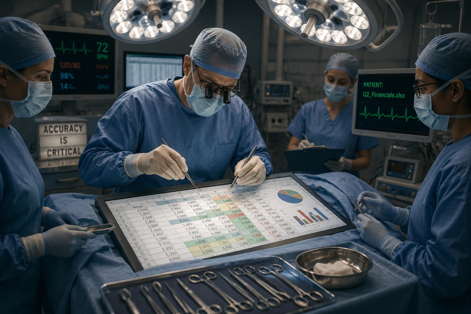 Surgeons in an operating theatre performing precision surgery on a spreadsheet under a sign reading accuracy is critical