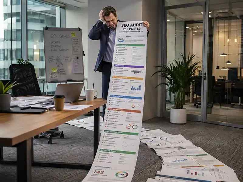 A business owner holding an absurdly long printed audit that rolls across the office floor like ancient scripture